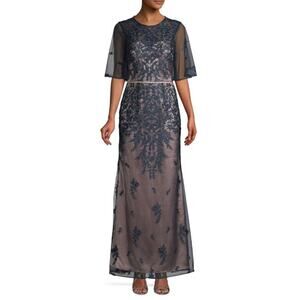 JS Collections Lace Short Sleeve Long A-Line Evening Gown Blue Size 10 Dress